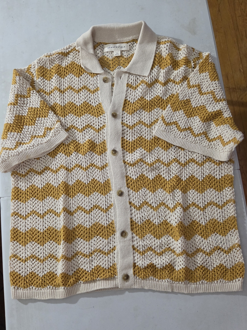 Aeropostale Short-Sleeve Knit Cardigan in Cream & Mustard Chevron